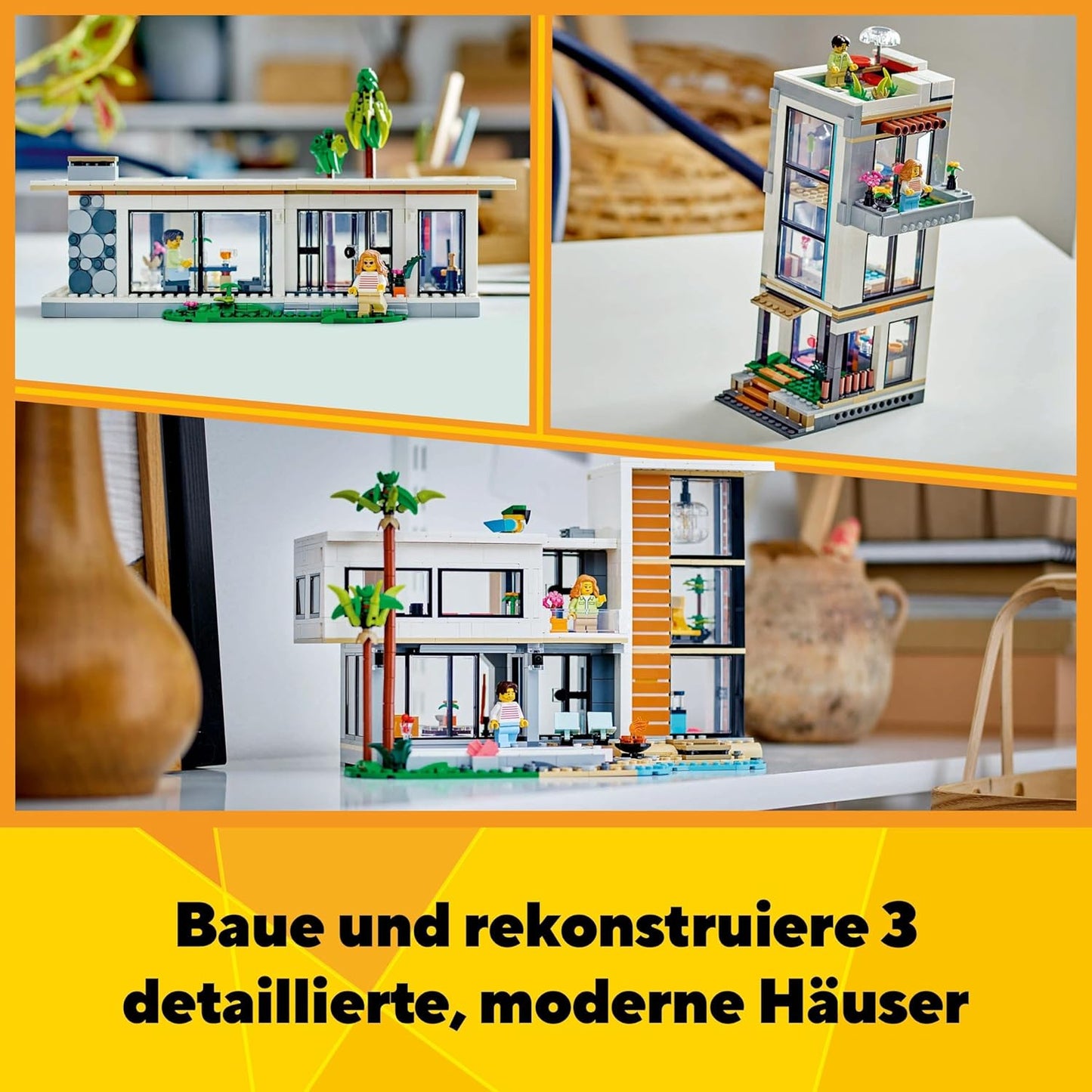 LEGO Creator Modern House, 3-in-1 Set for Converting into a Town House or a Forest Hut, Model House, Gift Idea for Boys and Girls from 9 Years, Educational Toy 31153