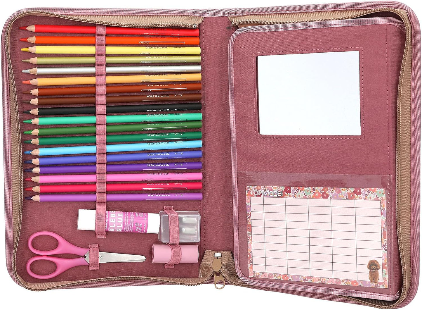 Depesche 13056 TOPModel Floral-Filled Pencil Case in Dark Pink, with Model Motif, Glitter and Flower Pattern, Pencil Case with Colouring Pencils, Ruler, Scissors and Much More, Multicoloured