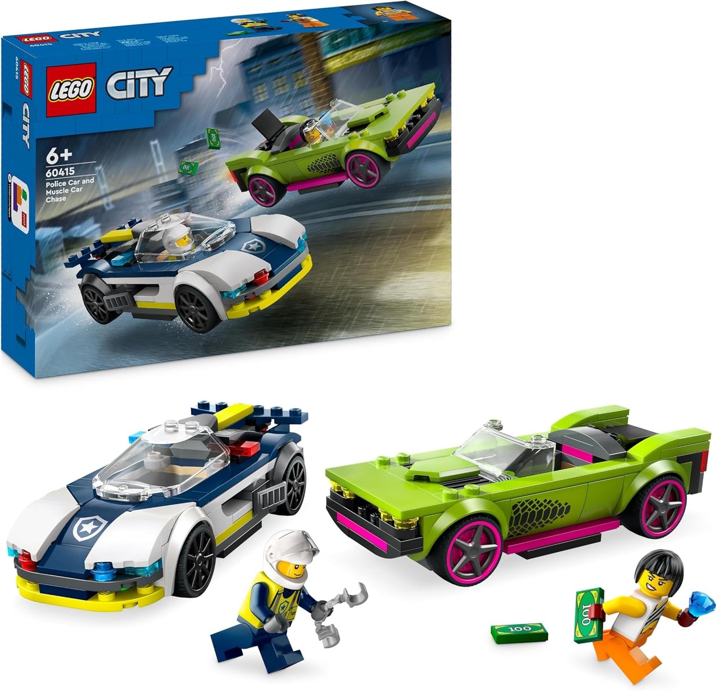 LEGO City Chase with Police Car and Muscle Car, Car Play Train with 2 Racing Cars, Police Gift for Children, Boys and Girls from 6 Years, Set with Policeman and Ganovin Mini Figures 60415