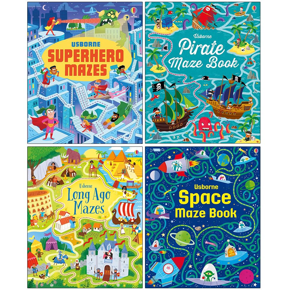 Usborne Maze Series 4 Books Collection Set(Superhero Mazes, Pirate Maze Book, Long Ago Mazes & Space Maze Book)