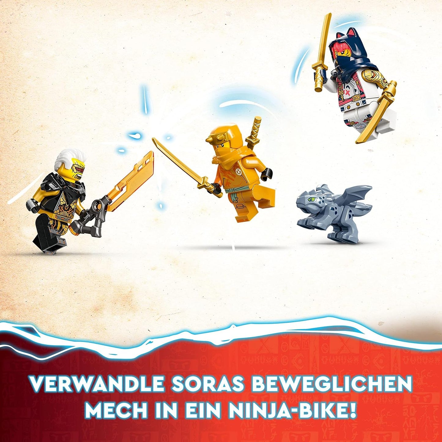 LEGO 71792 Ninjago Sora's Transforming Mech Bike Racer, 2-in-1 Set with Transforming Mech Action Figure, Motorcycle Toy Set with 3 Mini Figures for Children, Boys and Girls