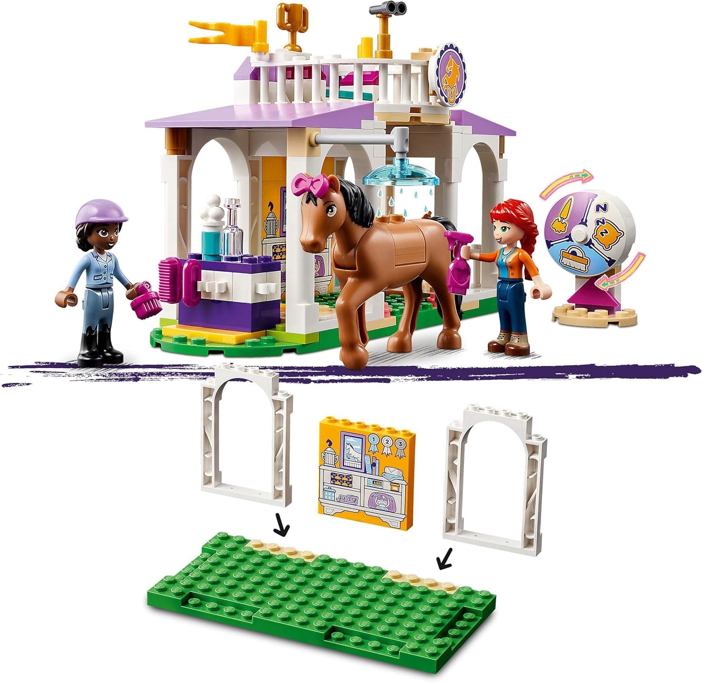 LEGO 41746 Friends Riding School Set with 2 Toy Horses, Aliya and Mia Mini Dolls, Riding Stable and Horse Toy, Animal Care Gift for Children, Girls and Boys from 4 Years