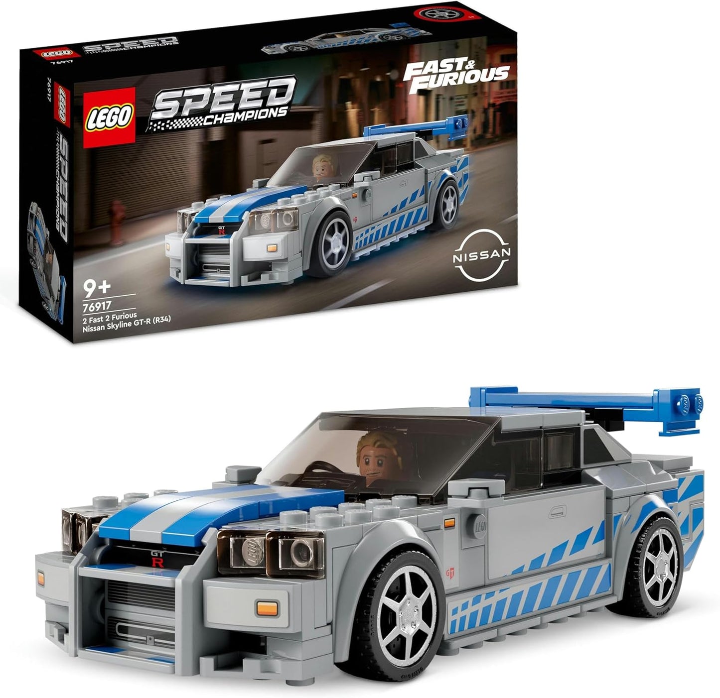 LEGO Speed Champions 2 Fast 2 Furious Nissan Skyline GT-R (R34) Racing Car Toy for Building, 2023 Model Car Kit with Brian O'Conner Figure 76917