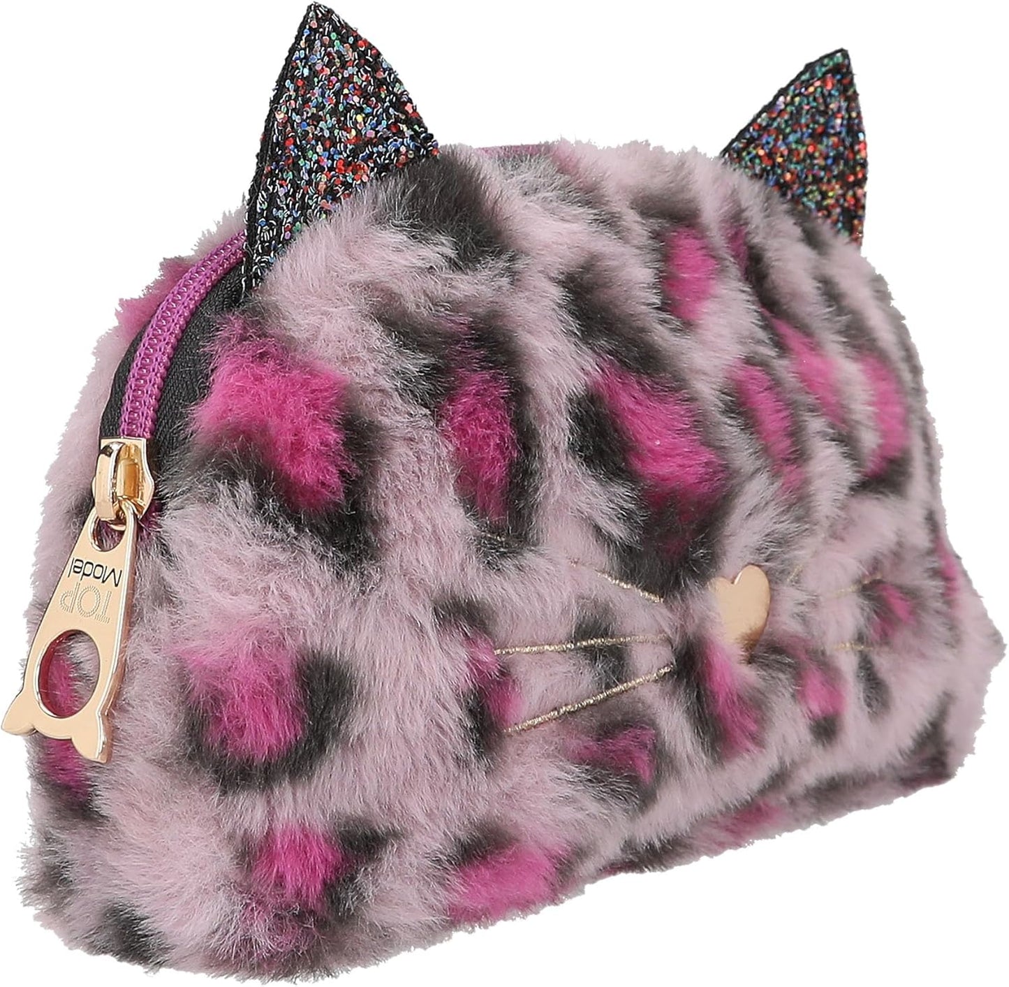 Depesche TOPModel Rebel Kitty 13018 Pencil Case Plush Fur in Purple with Leo Look and Glitter Pencil Case with Cat Ears and Heart Nose