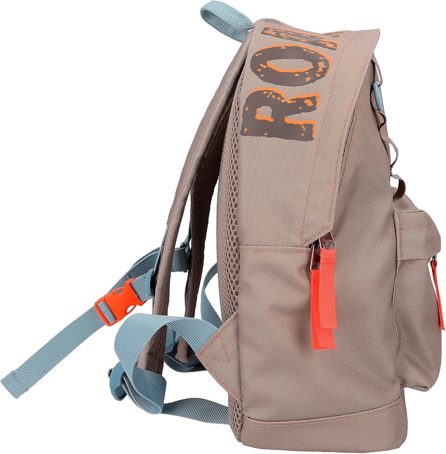 Depesche 12382 Dino World Backpack in Khaki Brown for Children with Dino Patch and Lettering, Bag with Adjustable Straps