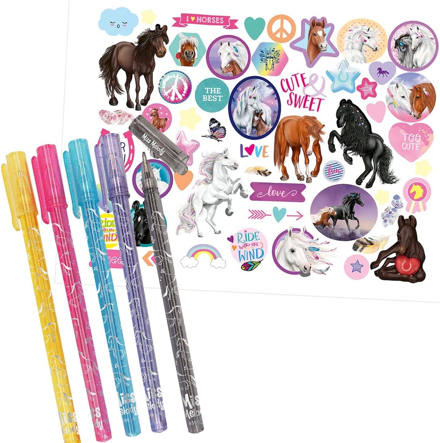 Depesche 8590 Miss Melody - Glitter Doodle Book, Colouring Book with 6 Glitter Pens and Stickers, Approx. 22.5 x 16.5 cm, Colouring Book with Pre-Printed Horse Motifs