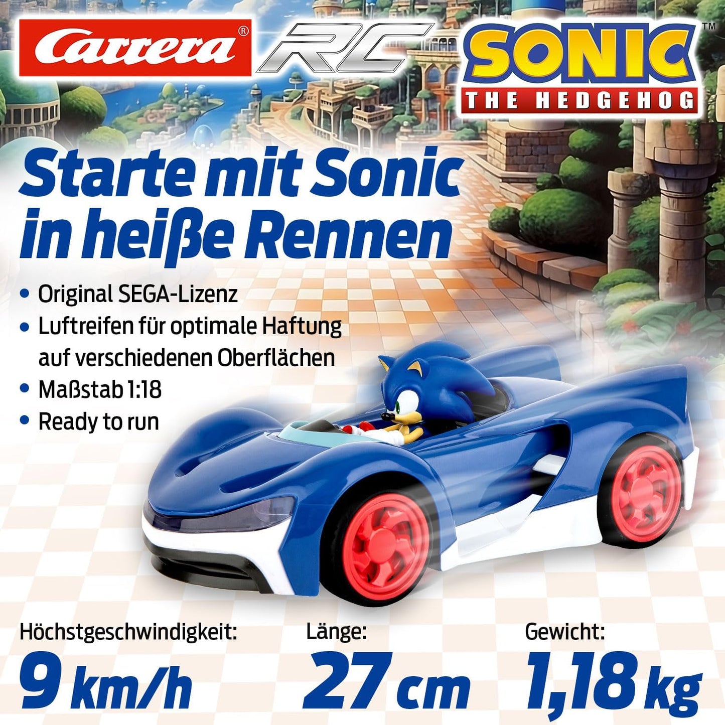 Carrera RC Team Sonic Racing - Sonic | Remote Controlled Car | Racing Car with LED Headlight | 27 cm Length | From 6 Years | LiFePo4 Battery | Ready-to-Run | 20 Minutes Driving Time