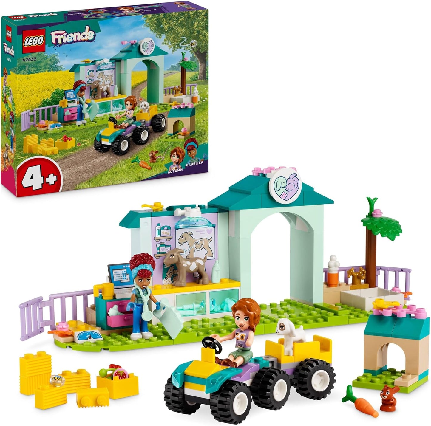 LEGO Friends Farm Animal Clinic, Farm Set with Veterinarian Toy for Children from 4 Years, Includes 2 Figures and 3 Animals Including Goat and Rabbit Figure, Gift for Girls and Boys 42632