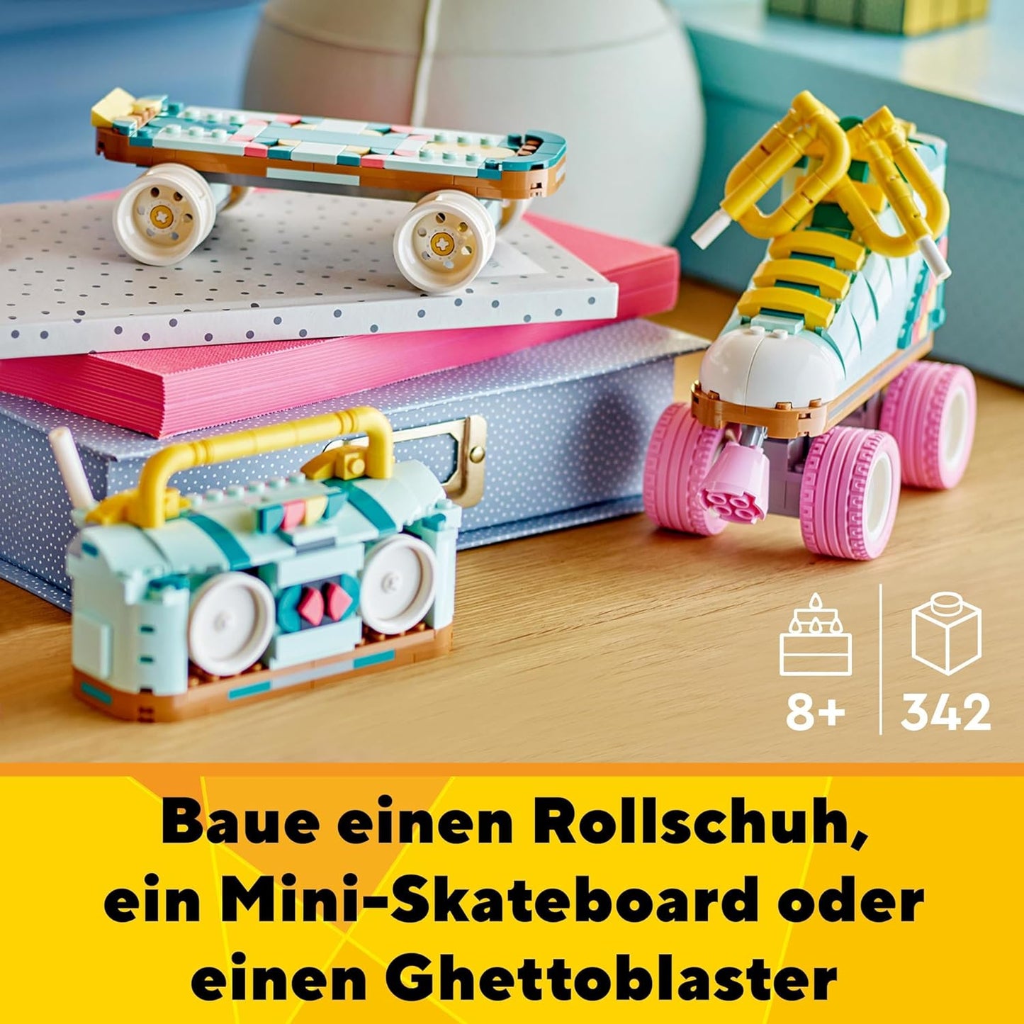 LEGO Creator 31148 3-in-1 Roller Skate Toy for Girls and Boys with Mini Skateboard and Boombox, Retro Decoration for the Bedroom, Birthday Gift for Children from 8 Years