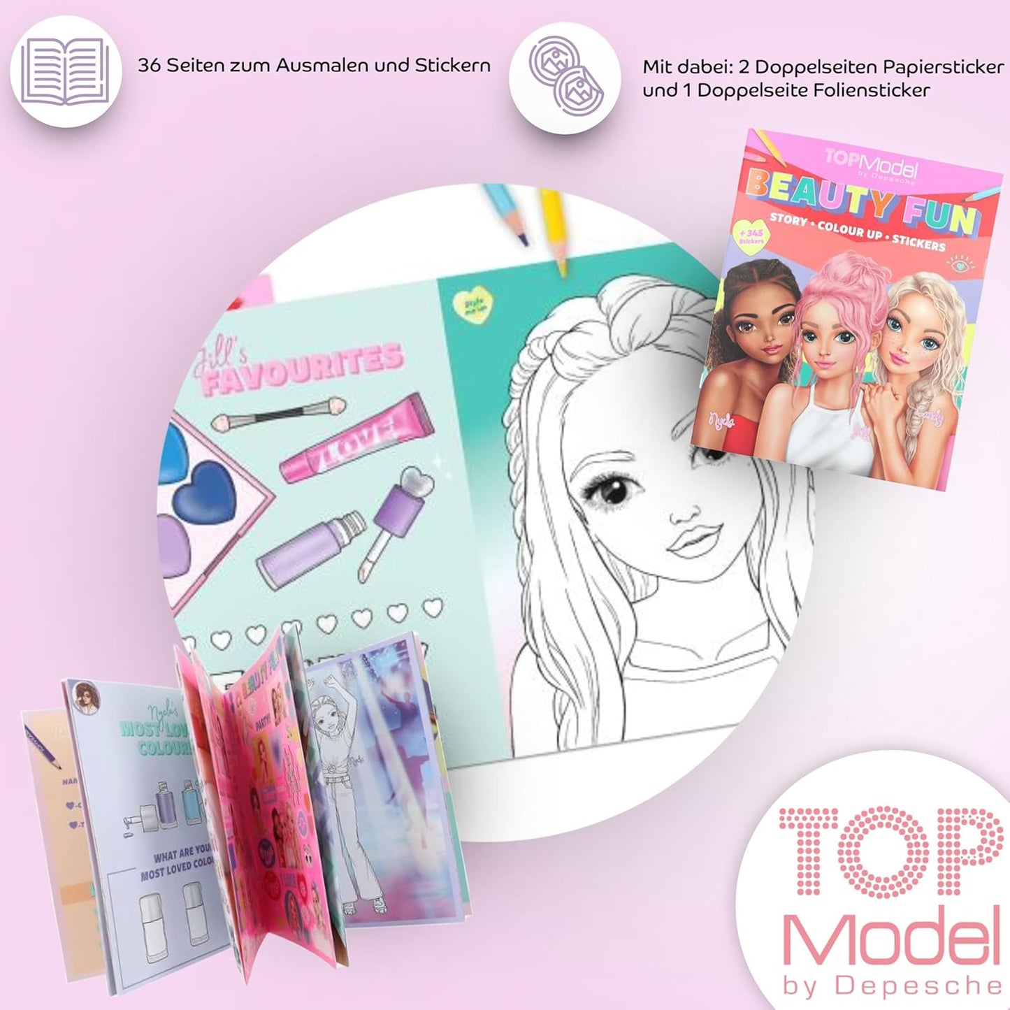 Depesche TOPModel Colouring Book Beauty Fun + TOPModel Stickerworld Kitty and Doggy Creative Colouring and Sticker Fun for Girls