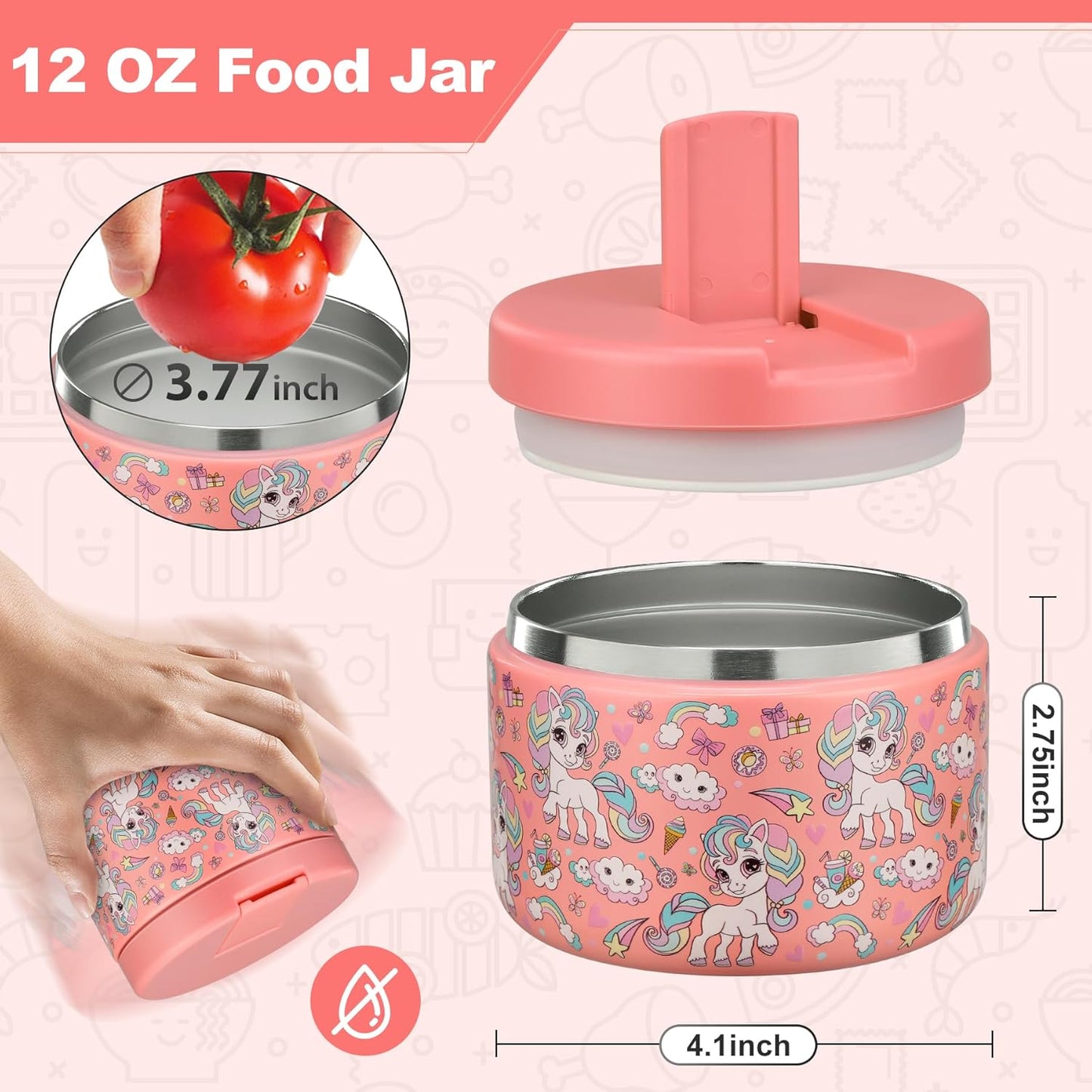 Itslife Thermal Food Container, 350 ml, Stainless Steel Warming Container, Children's Leak-proof Lunch Container with Buckle Cover, Wide Neck, Insulation, Suitable for Cold and Hot Food, Pink Unicorn