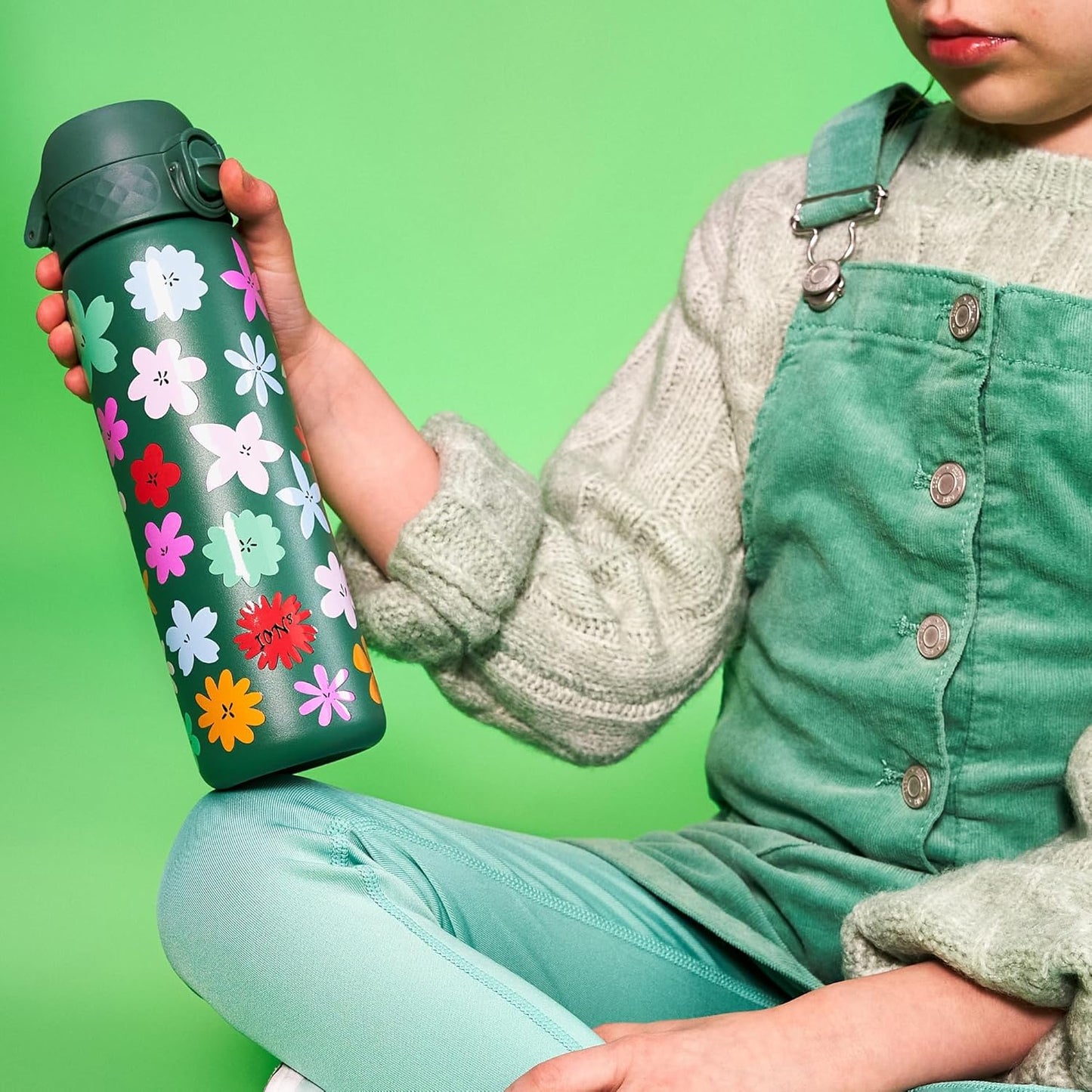 Ion8 Steel Water Bottle, 600 ml, Leak-Proof, One-Handed Opening, Secure Locking, Dishwasher Safe, Flip Lid, Carry Handle, Easy to Clean, Durable, Green Flowers Design