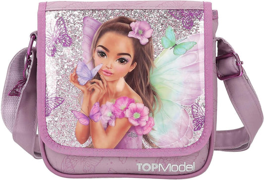 Depesche TOPModel Fairy Love 12778 Small Shoulder Bag in Mauve with Model Motif and Butterflies, Bag with Adjustable Shoulder Strap and Front Flap