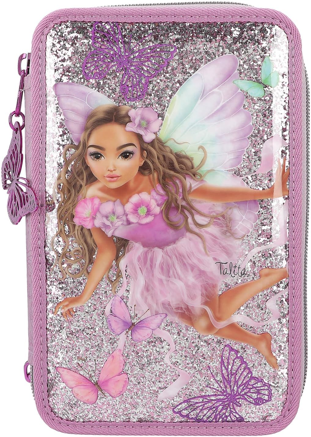 Depesche 12775 TOPModel Fairy Love - Filled 3-Compartment Pencil Case in Mauve with Model Motif and Butterflies, Pencil Case with Colouring Pencils, Ruler and much more