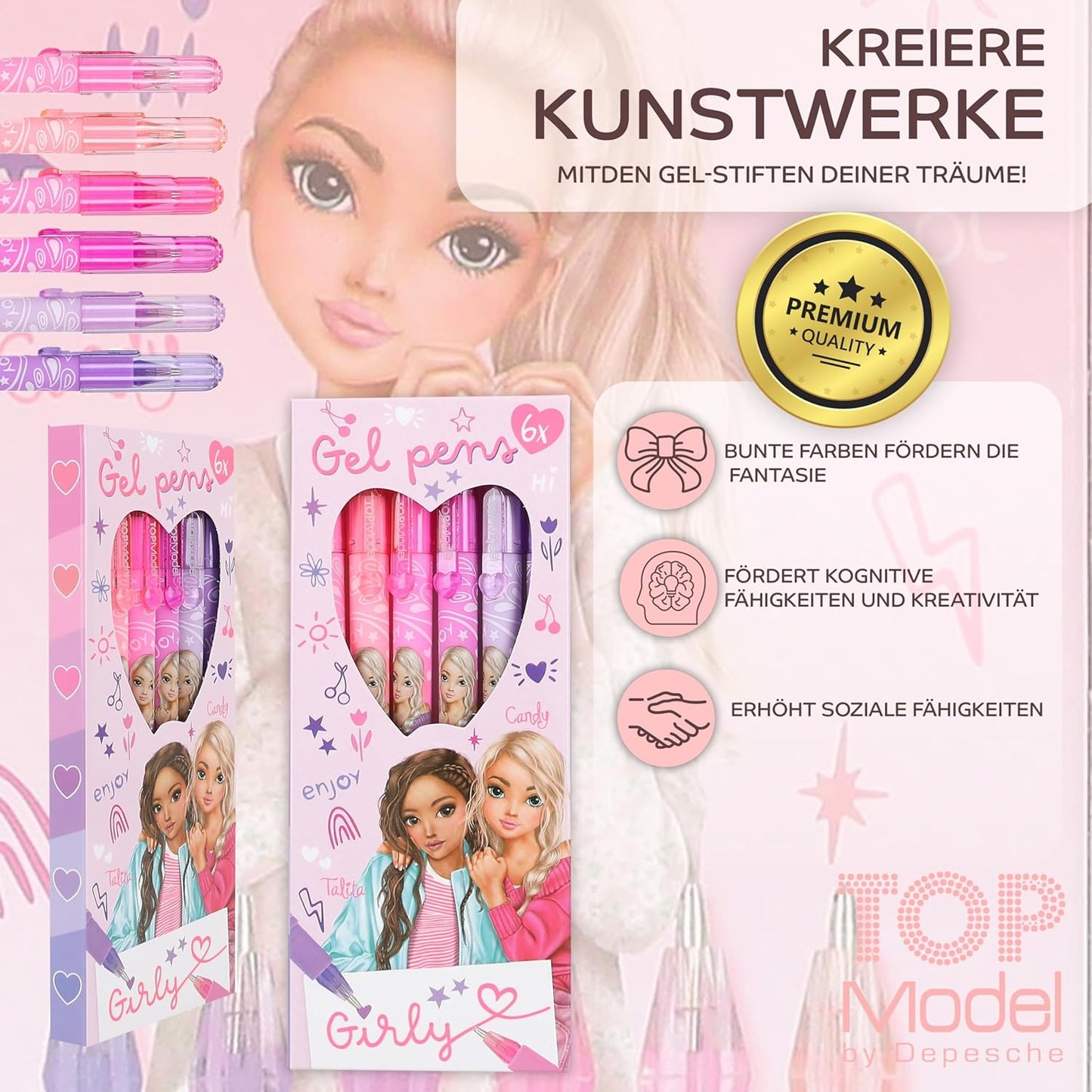 Depesche TOPModel Girly Gel Pen Set + Mobile Notebook with Wobble Image - Creative Writing and Colouring Set for Girls, with Colourful Gel Pens and Trendy Notebook with 3D Wobble Effect