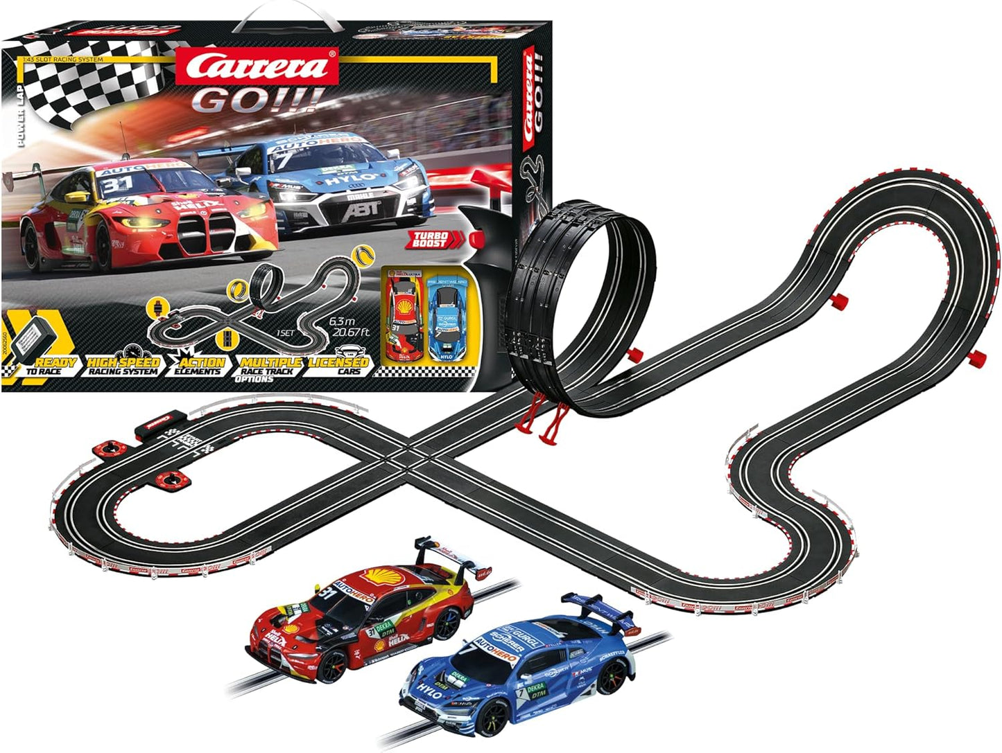 Carrera - 20062560 - DPower Lap I Digital Race Track I Including Lap Counter & Loopings Crosses & Overflights I Vehicles with Front and Rear Lighting in Scale 1:43 I Hand Controller with Turbo Button