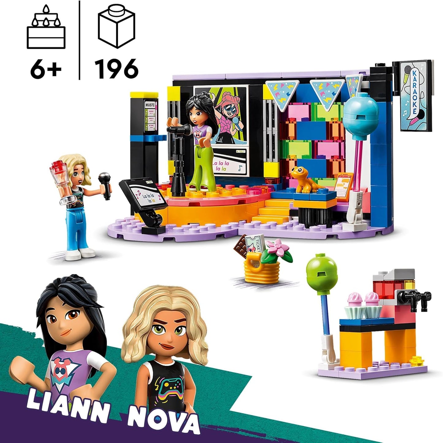 LEGO Friends Karaoke-Party, Musik-Spielzeug für Mädchen und Jungen ab 6 Jahren, die gern singen, Mini-Puppen-Set mit den Figuren Liann und Nova sowie einem Gecko, Geschenk für Kinder 42610