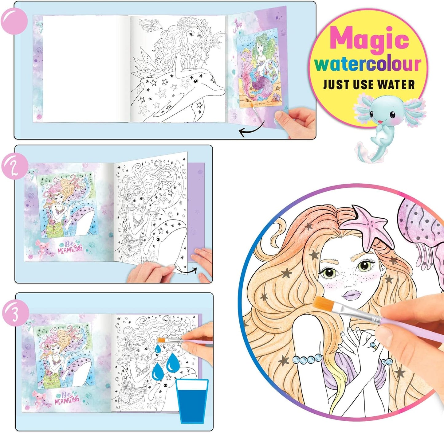 Depesche 12414 TOPModel Mermaid Watercolour Book, Colouring Book with Brush and 15 Underwater Motifs for Painting with Water