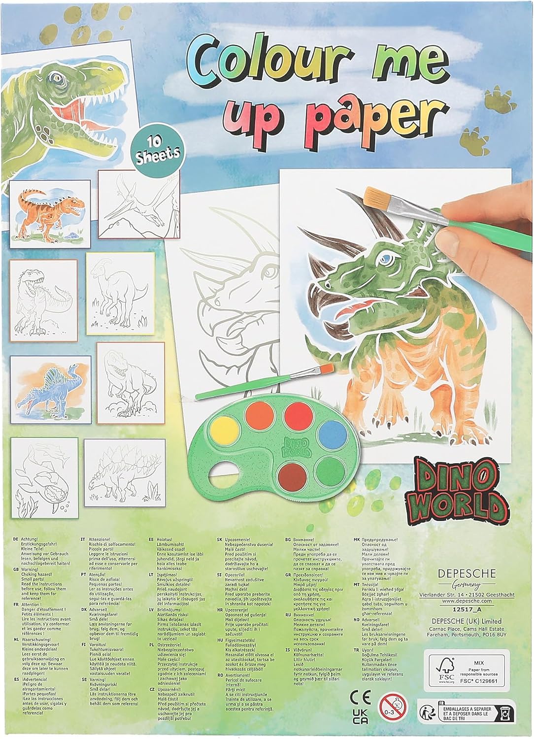 Depesche 12517 Dino World Colour Me Up Paper, Watercolour Paper with 10 Colouring Designs, Includes Brush and Watercolours