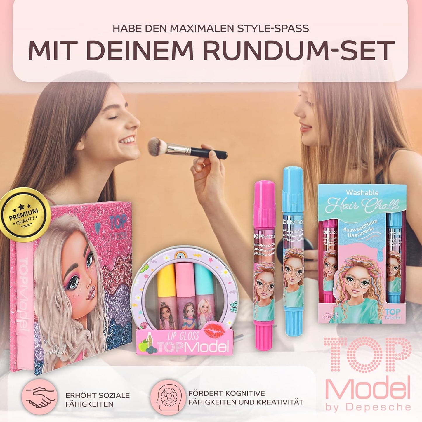 TOPModel by Depesche Beauty and Me Eyeshadow Gift Set, Washable Hair Chalk Set and Mini Lip Gloss Set