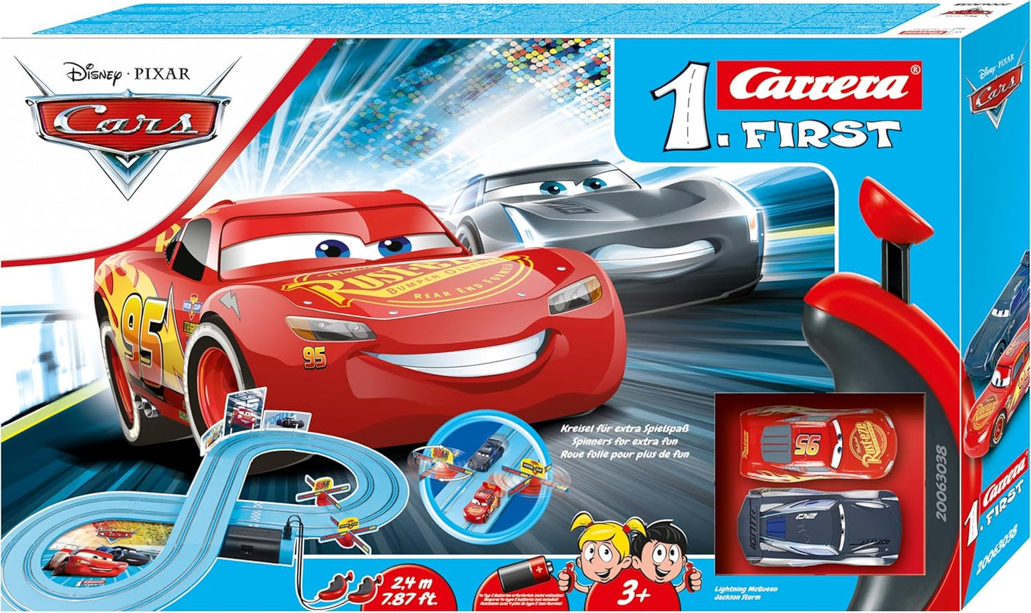 Carrera First Disney Pixar Cars - Power Duel Car Racing Track for Children from 3 Years I 2.4 m Race Track I 2 Remote-controlled Cars with Lightning McQueen and Jackson Storm I Gifts for Christmas