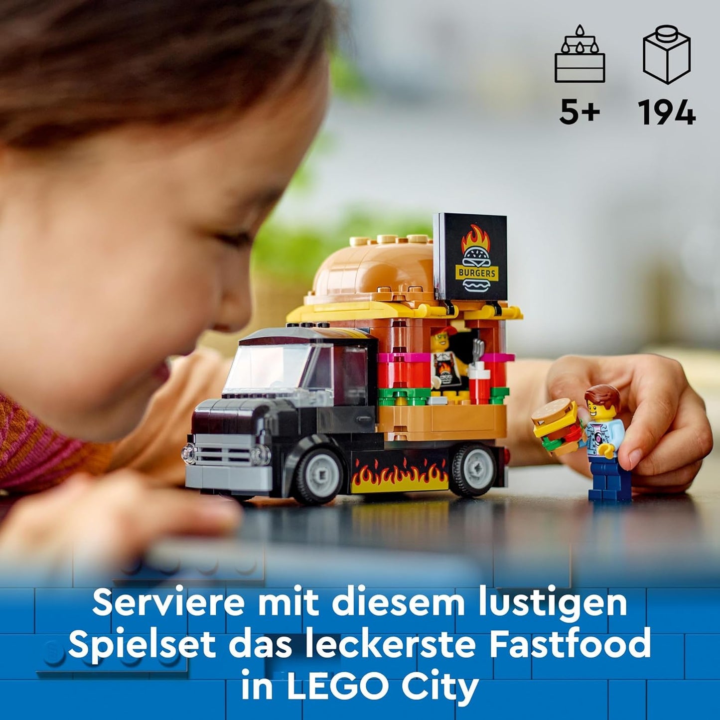 LEGO City 60404 Burger Truck, Construction Set with Toy Car for 5-Year-Old Children, Food Truck Mini Figure and Accessories, Funny Gift for Boys and Girls