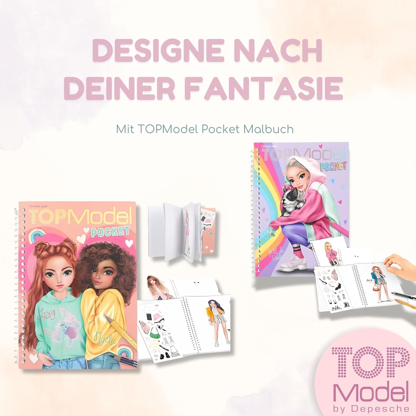 TOPModel Pocket Colouring Book Set - 2 x Compact Colouring Books for Travelling, Ideal for Creative Kids and Girls who Love Fashion and Design, with Trendy Outfits and Cool Designs to Design