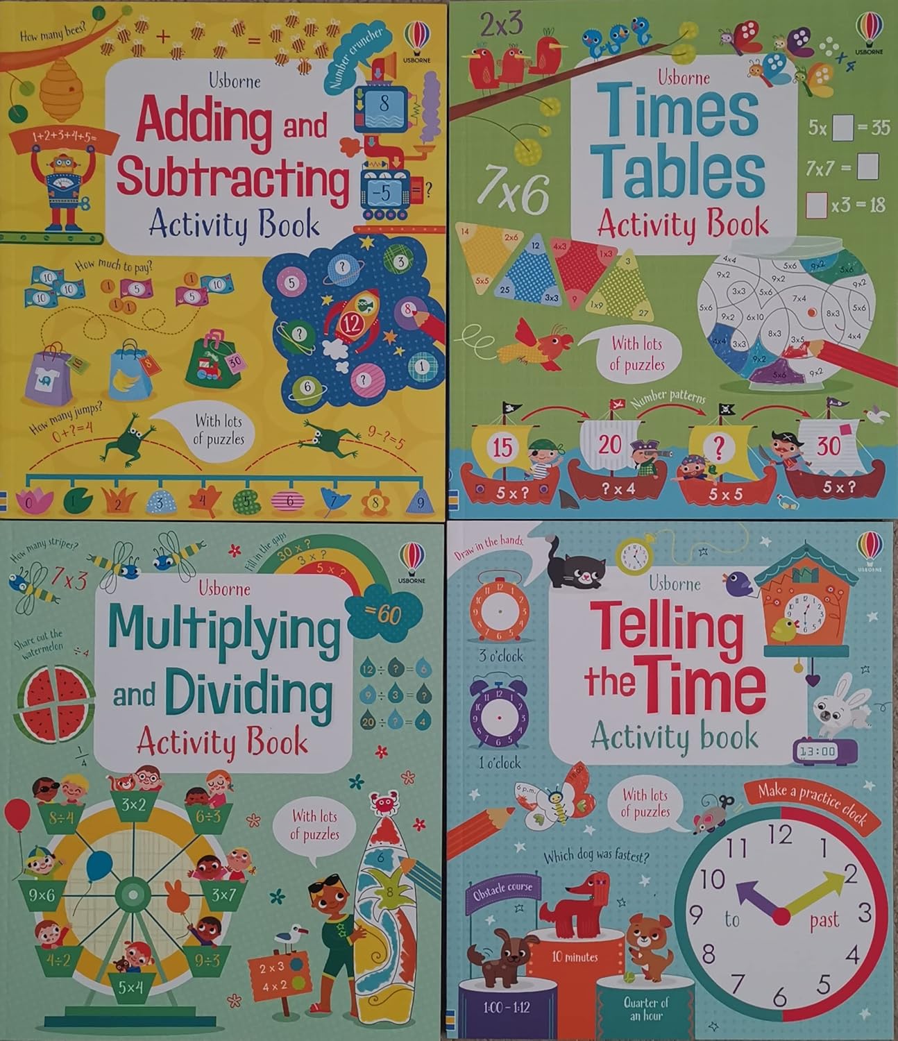 Children Usborne Educational Workbooks 4 books set Addition subtraction Times Tables Telling the Time Multiplying dividing KS1 KS2 boys Girls paperback Ages 5+