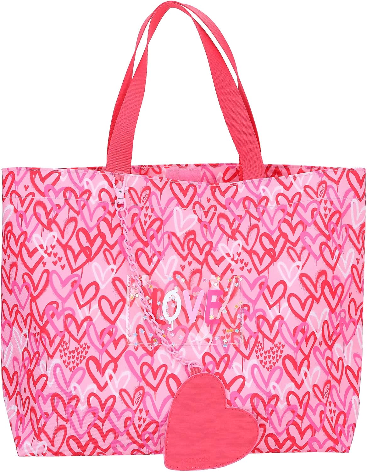 Depesche TOPModel One Love 12234 Tote Bag in Pink and Red with Hearts, Shopper with Inner Pocket, multicoloured