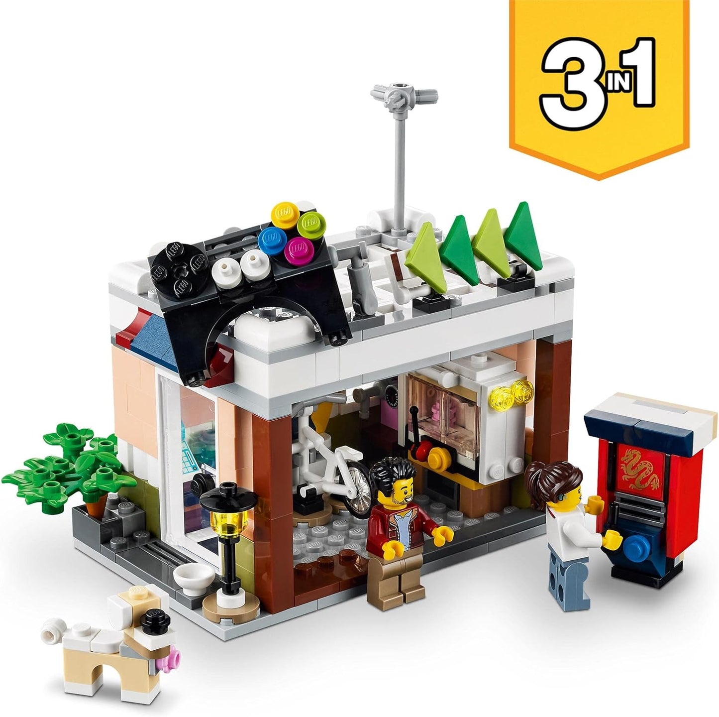 LEGO 31131 Creator Pasta Shop, Bicycle Shop and Arcade, 3-in-1 Construction Toy with Accessories such as Slot Machines, Bonsai and Dog Figure, Gift for Children from 8 Years, Modular Building