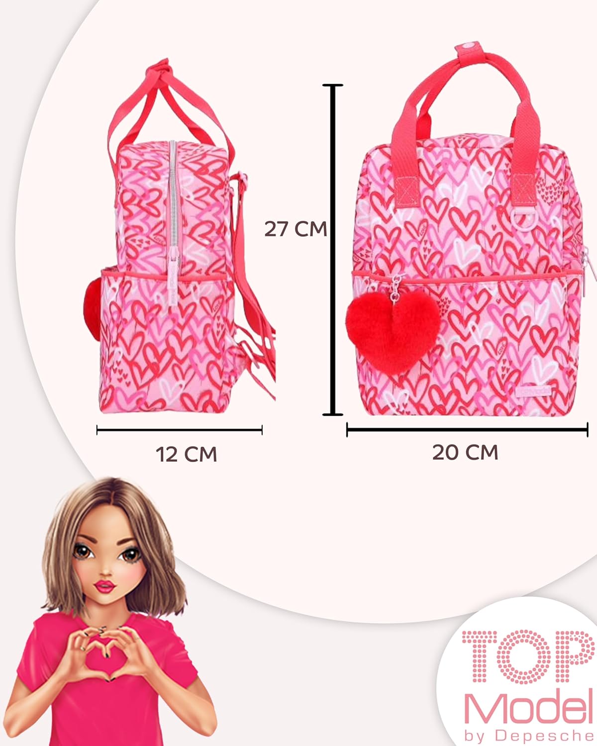 Depesche TOPModel One Love + TopModel Backpack Heart Shape One Love - Perfect Accessory Duo with Charming Heart Design for School and Everyday Life, Ideal for Stylish Girls, multicoloured