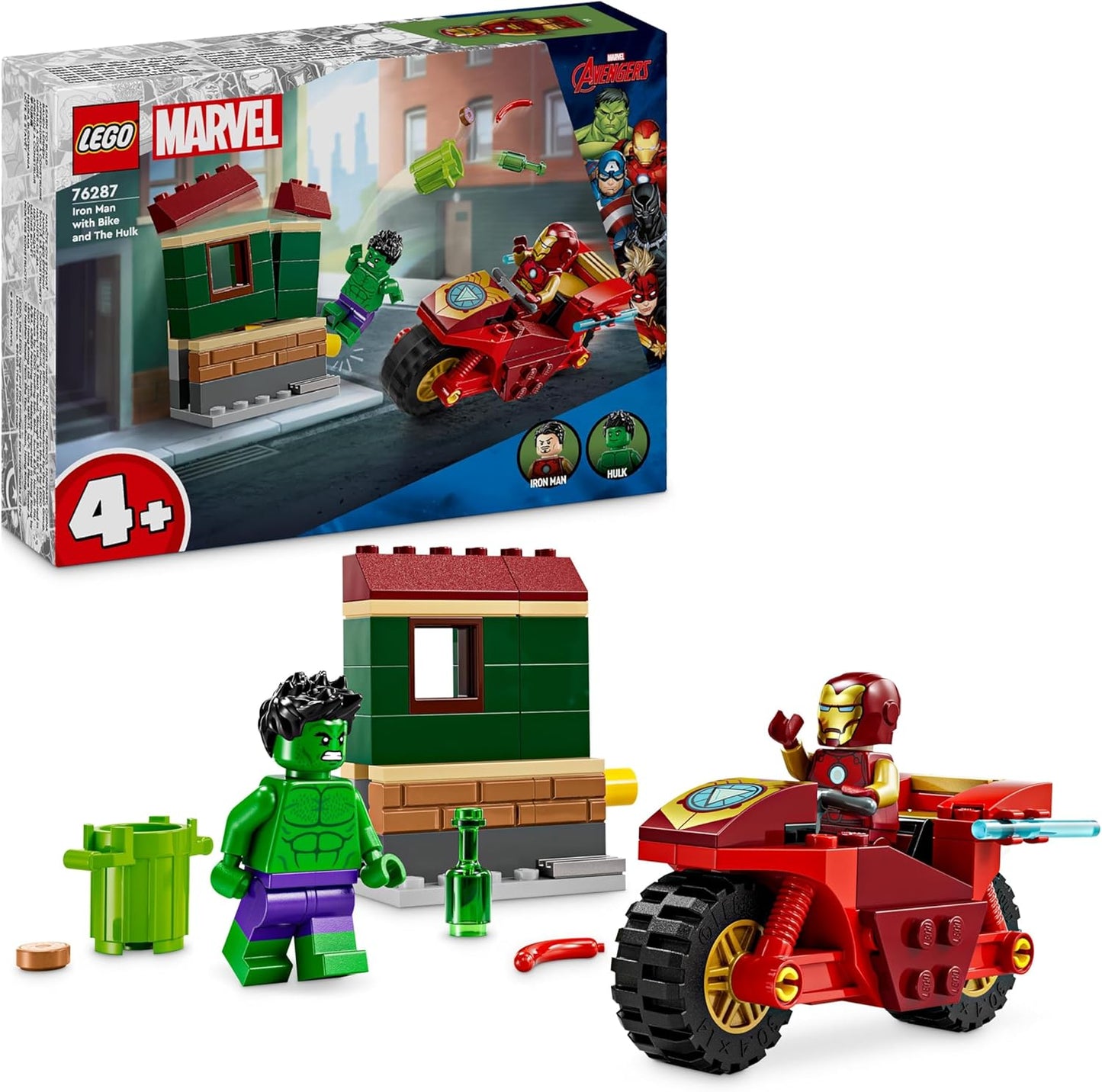 LEGO Marvel Iron Man with Bike and the Hulk, Superhero Building Toy for Children, Collectable Playset with Bike and Mini Figures, Gift for Girls and Boys from 4 Years, 76287