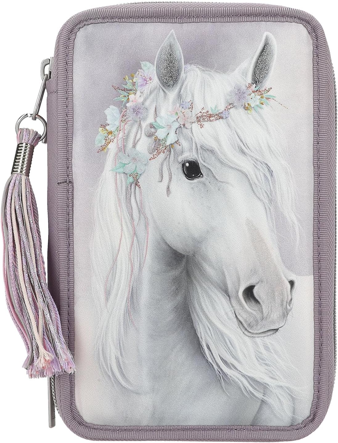 Depesche 13126 Miss Melody Fantasy Horse - Filled 3-Compartment Pencil Case in Pale Purple, with Horse Motif and Glitter, Pencil Case with Colouring Pencils, Ruler, Scissors etc.