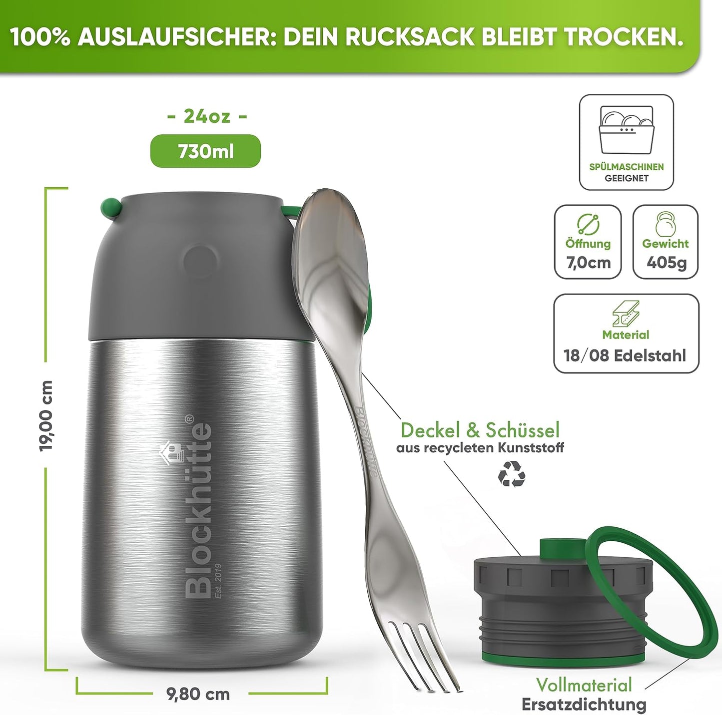 Blockhütte Insulated Stainless Steel Thermal Container, 530 ml - 730 ml, with Brush & Spork, Thermal Lunch Box for Adults & Children, Thermal Mug, Baby Porridge & Cereal