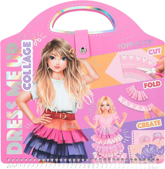 Depesche 12379 TOPModel Dress Me Up Collage Book - Colouring Book with 20 Pages for Designing Outfits, Spiral Book with Pre-Printed Models, Fabric Patterns and Stickers