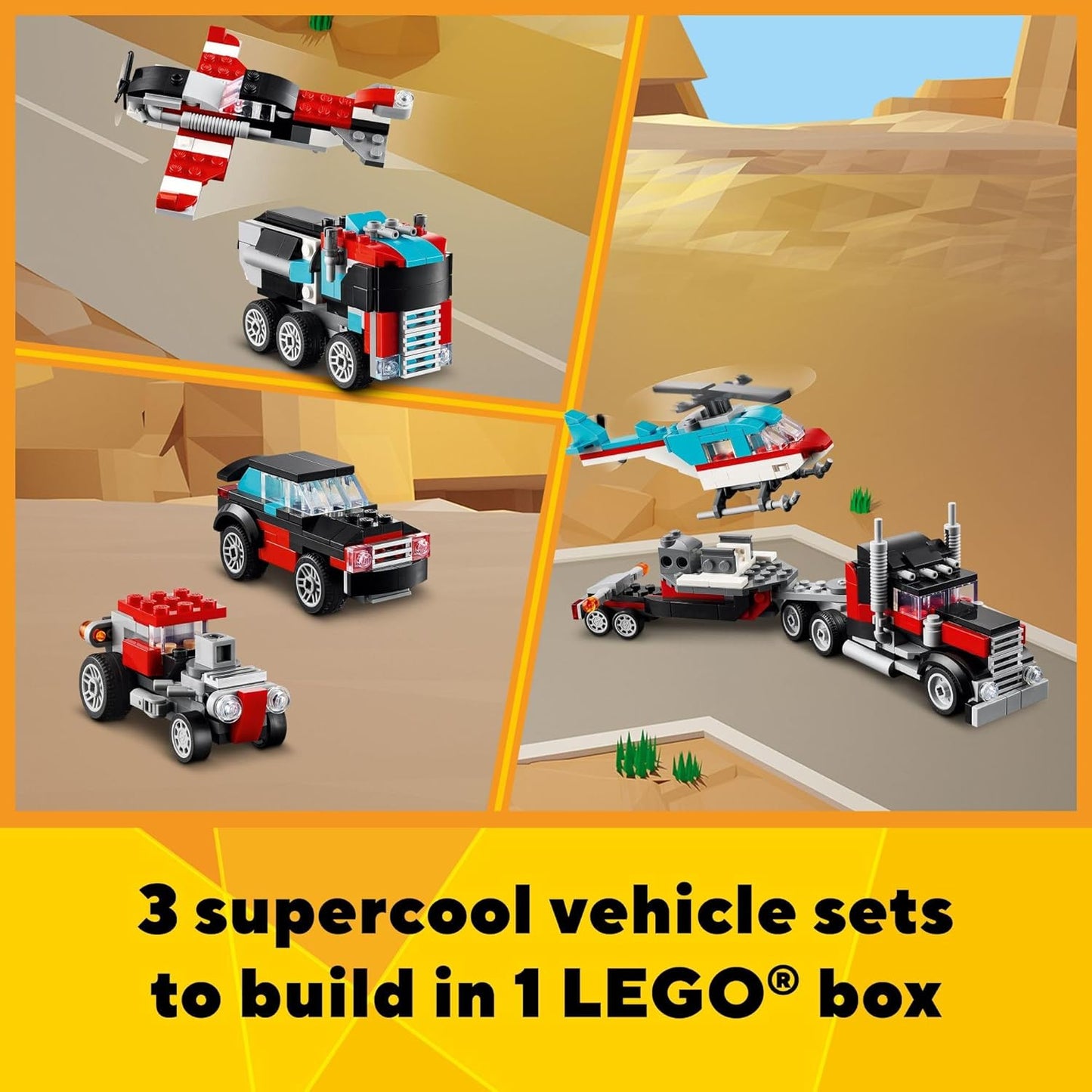 LEGO Creator 31146 3 in 1 Flatbed Truck with Helicopter Toy, Transforms from Flatbed Truck Toy to Propeller Plane to Hot Rod and SUV Car Toy, Gift Idea for Boys and