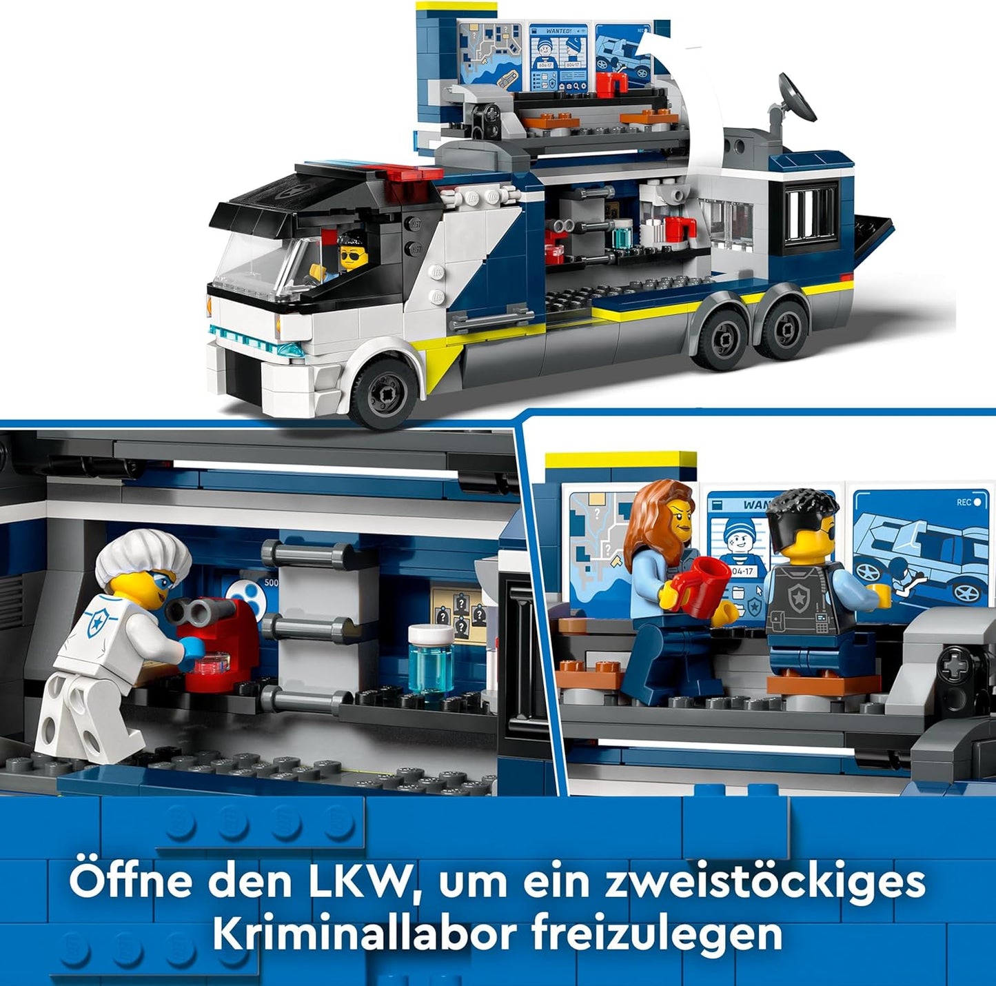 LEGO City Police Print with Laboratory, Police Set with Quad and Truck Toy for Children, Gift for Boys and Girls from 7 Years, Plus 5 Mini Figures - 2 Police Officers, 1 Scientist and 2 Crooks 60418