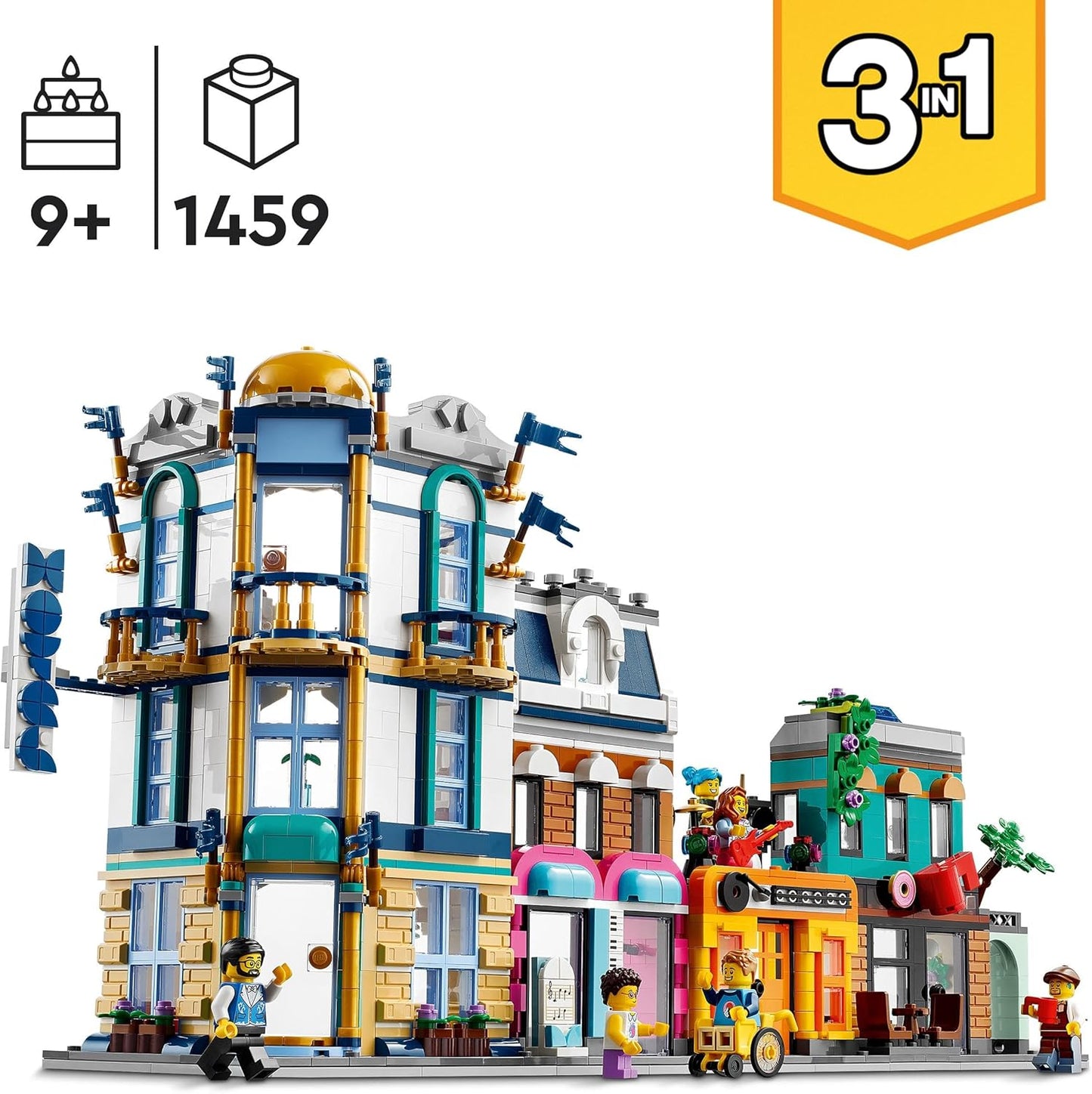 LEGO Creator 3-in-1 Main Street to Art Deco High Rise or Market Street Model Building Set, Construction Toy with Hotel, Cafe, Apartments and Shops, Creative Model Kit, Gift Idea 31141