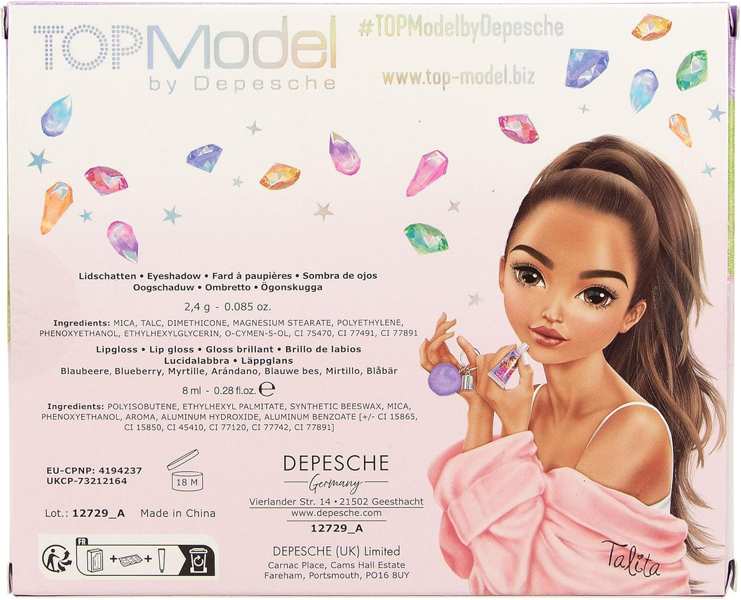 Depesche TOPModel 12729 Beauty and Me Beauty Set Purple with Shimmering Eyeshadow in a Jar and Purple Lip Gloss with Plush Pendant