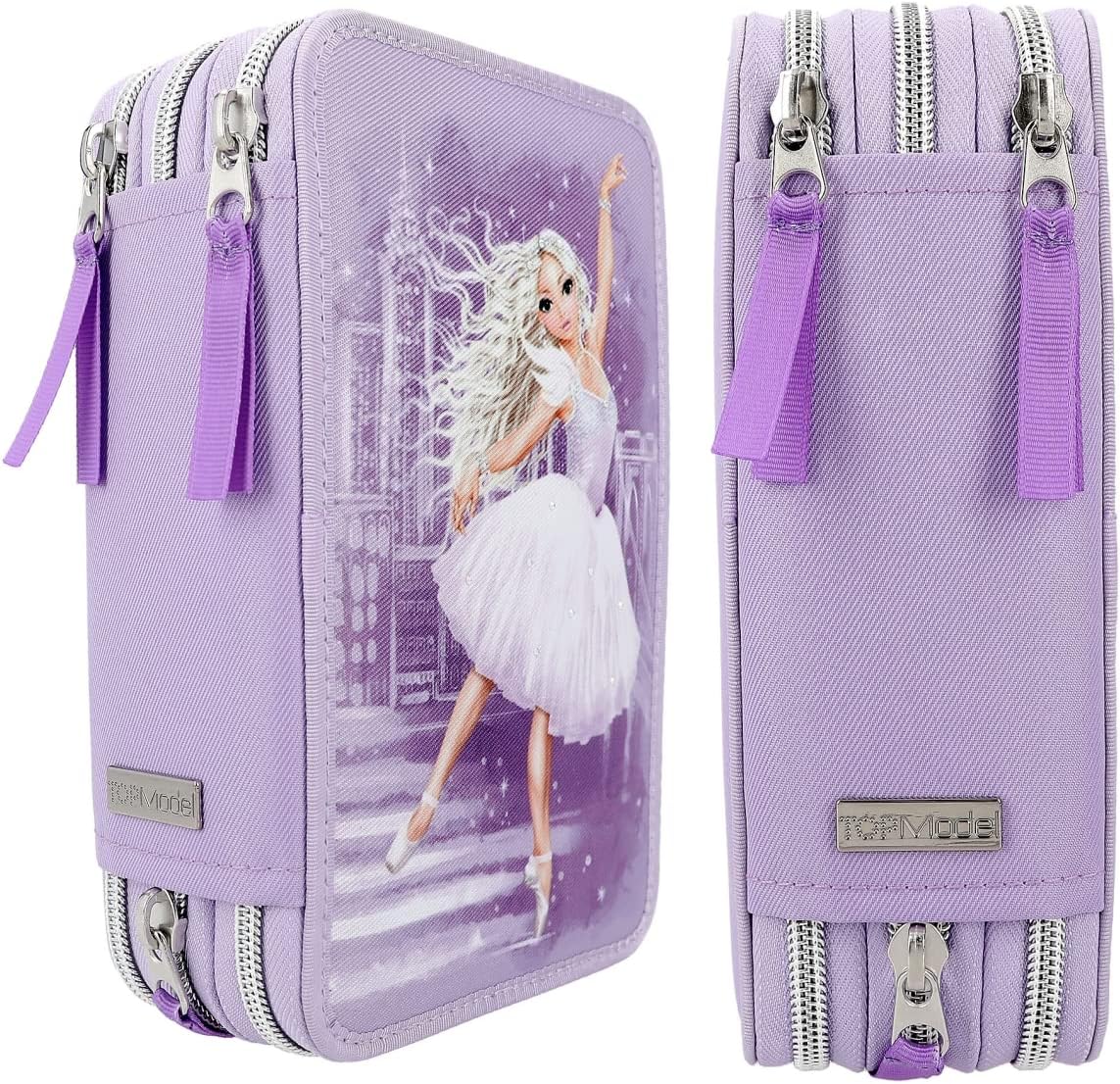 Depesche 12249 TOPModel Ballet 3 Compartments Filled in Purple with Sparkling Stones, Pencil Case, Crayons, Ruler, Scissors and Much More