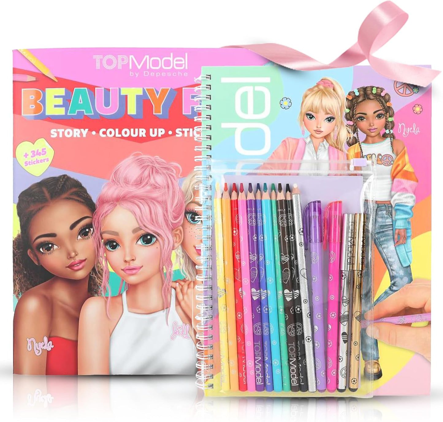 TOPModel Colouring Book Set + TOPModel Beauty Fun Colouring Book: Ultimate Creative Set for Fashion Enthusiastic Girls - with 10 Colouring Pencils, 4 Gel Pens (Gold, Silver, Pink, Purple), 1 Eraser