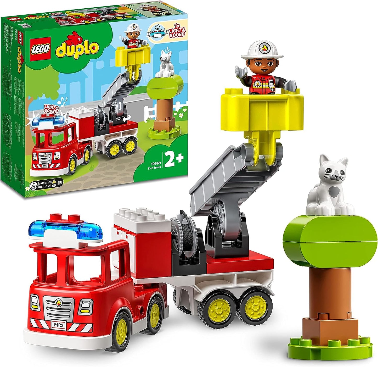 LEGO DUPLO Town Feuerwehrauto Spielzeug, Lernspielzeug für Kleinkinder ab 2 Jahren, Set mit Blaulicht und Martinshorn, Feuerwehrmann und Katze, für Mädchen und Jungen 10969