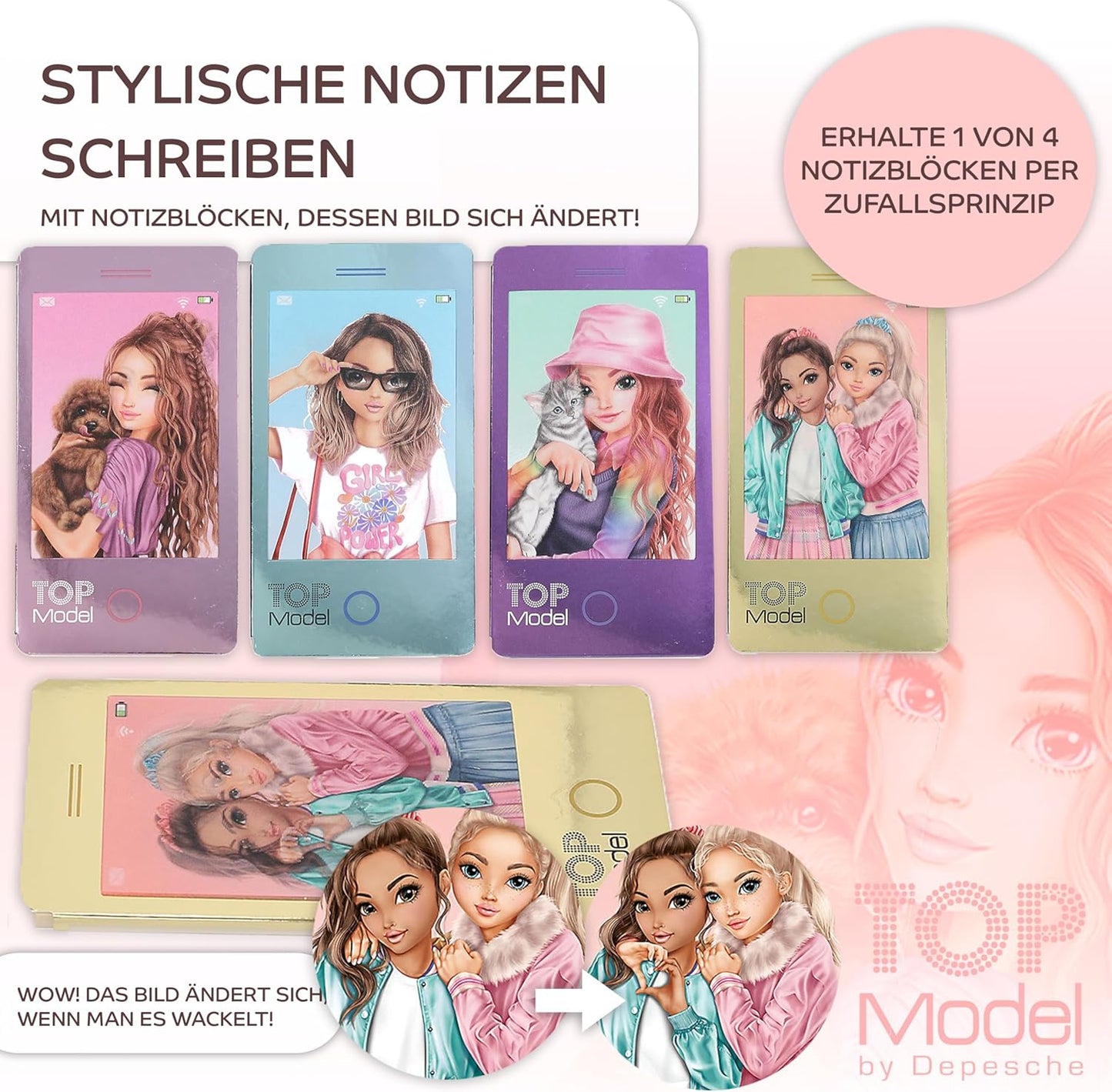 Depesche TOPModel Girly Gel Pen Set + Mobile Notebook with Wobble Image - Creative Writing and Colouring Set for Girls, with Colourful Gel Pens and Trendy Notebook with 3D Wobble Effect