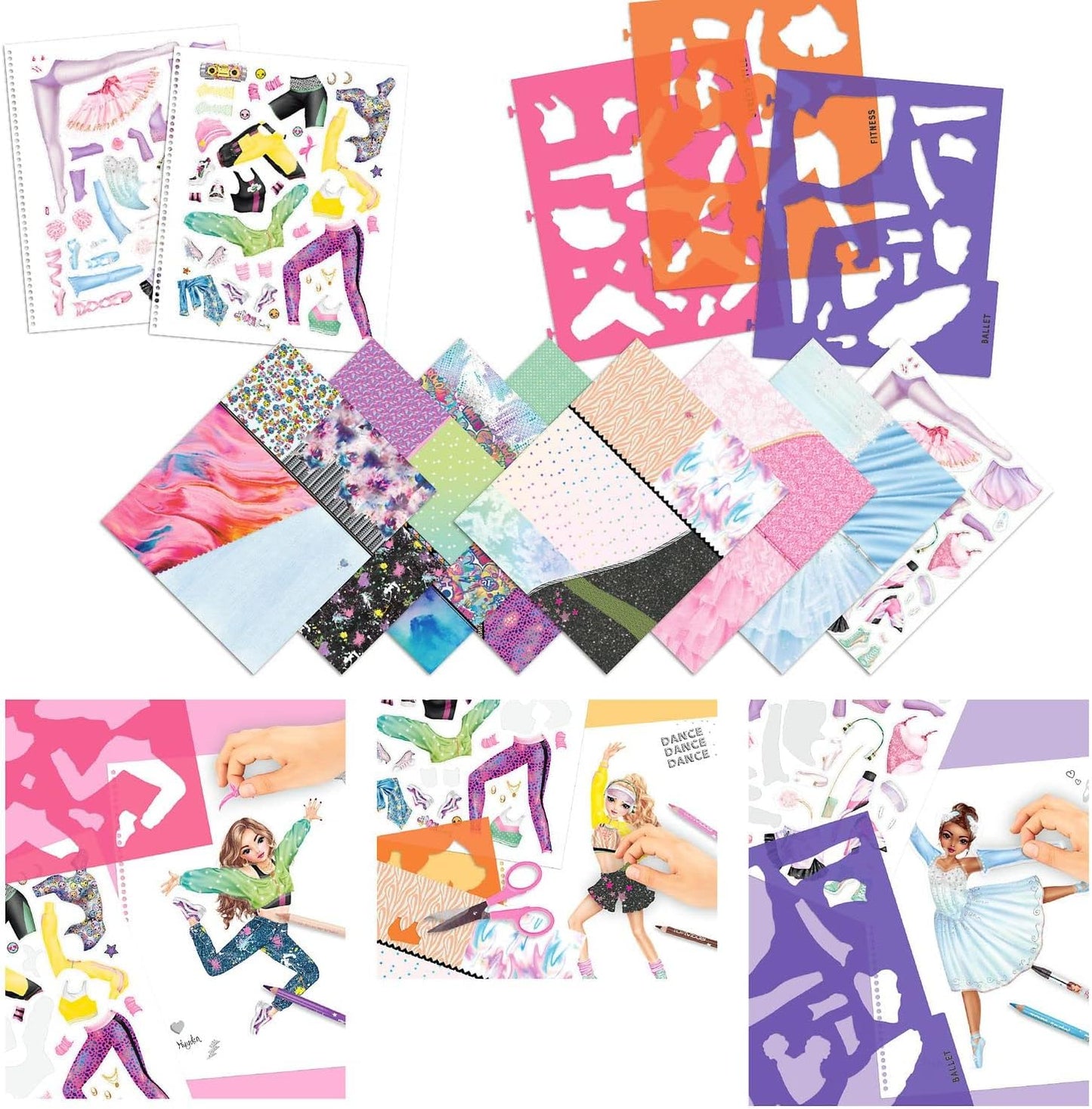 Depesche TOPModel 11877 Colouring Book Dance, Cool Dance Outfits to Design Yourself, 30 Pre-Drawn Figures, 3 Stencils, 2 Sticker Sheets and 8 Fabric Prints for Cutting Out