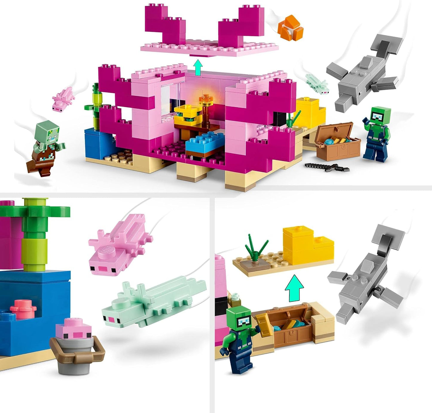 LEGO 21247 Minecraft The Axolotl House Set, Buildable Pink Underwater Base with Diving Explorer, Zombie, Dolphin and Puffer Figures, Adventure Toy for Kids, Girls, Boys from 7 Years