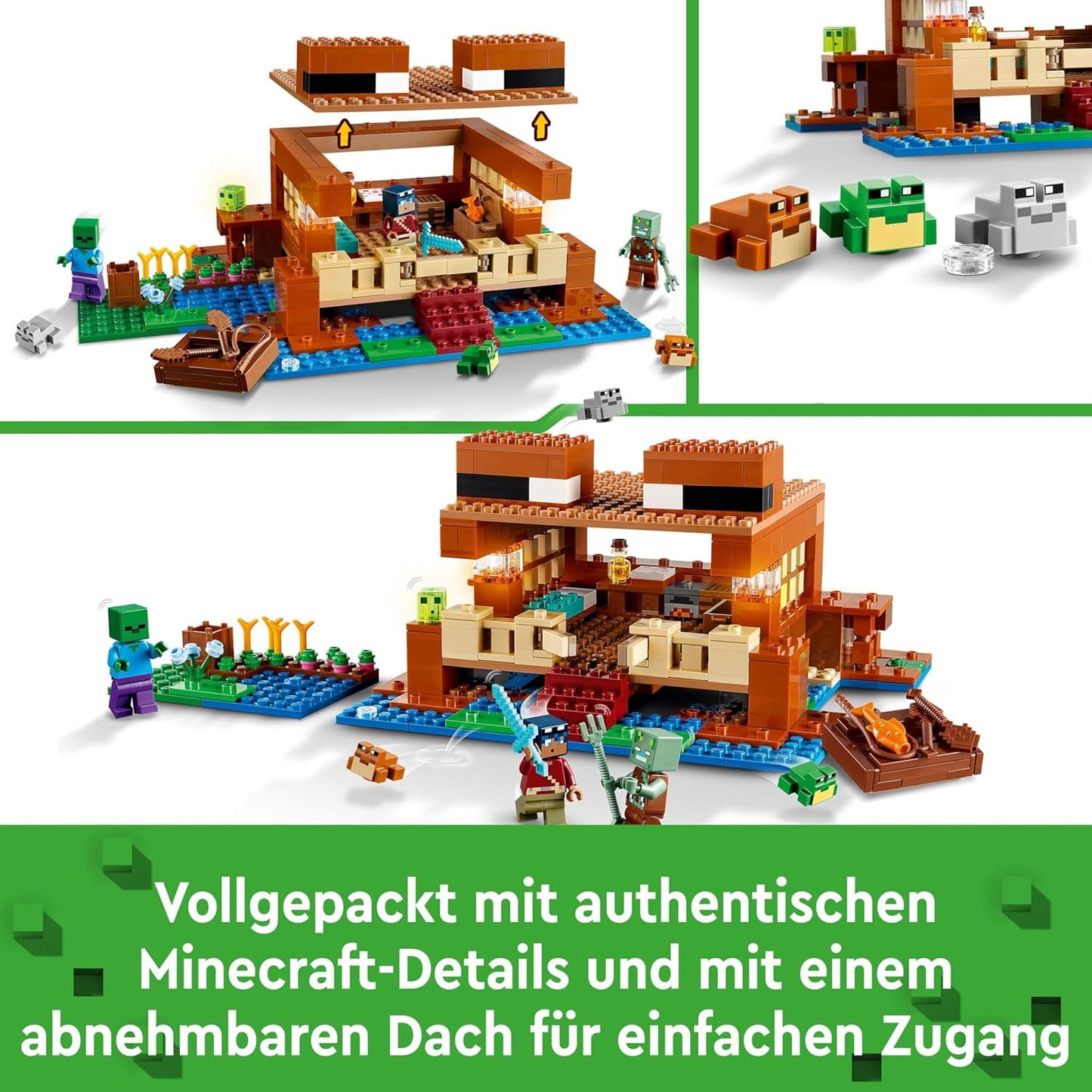 LEGO Minecraft The Frog House, Toy House with Figures Including Zombie, Slime and Drowner, Plus Accessories such as Toy Boat and Workbench, Gift for Boys and Girls from 8 Years 21256