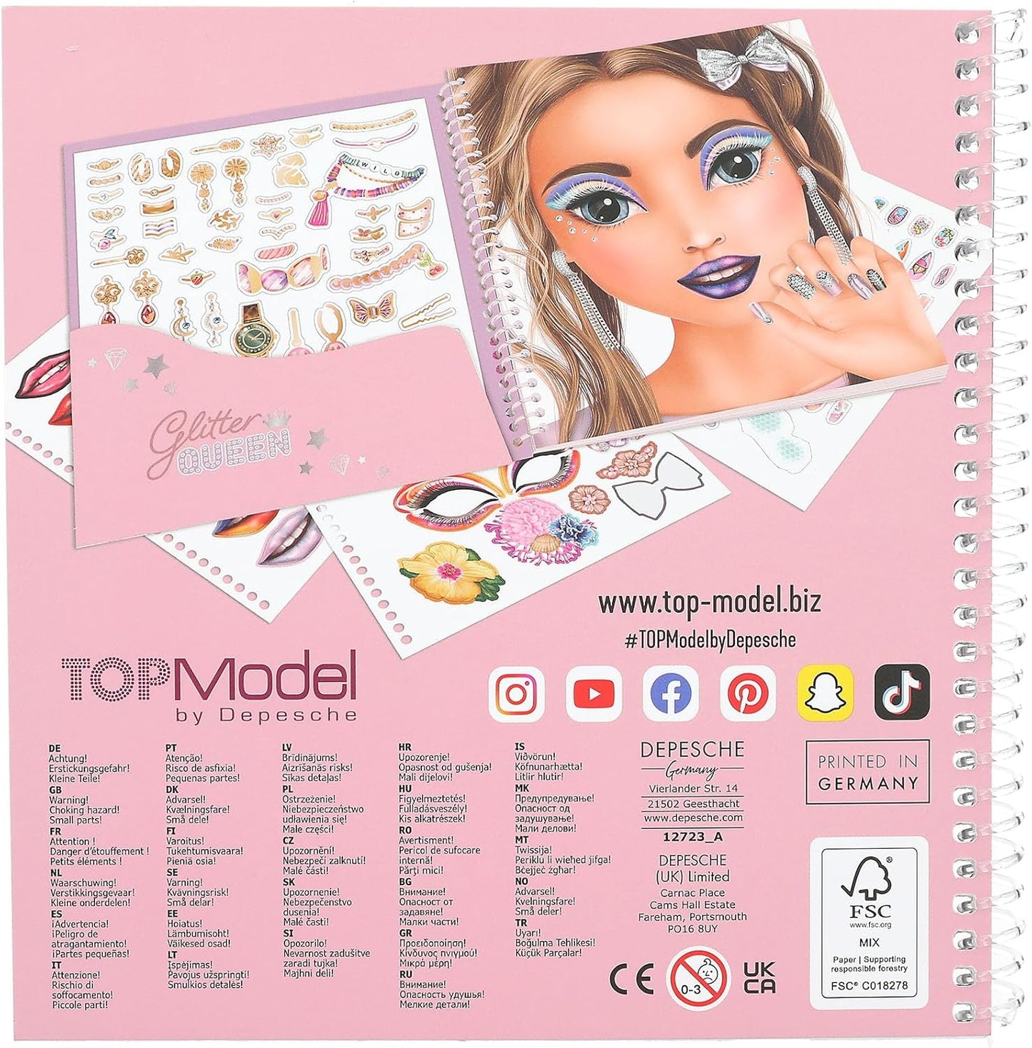 Depesche 12723 TOPModel Glitter Queen Dress Me Up Face Sticker Book with 24 Pages to Create Beautiful Looks, Colouring Book with 7 Sticker Sheets