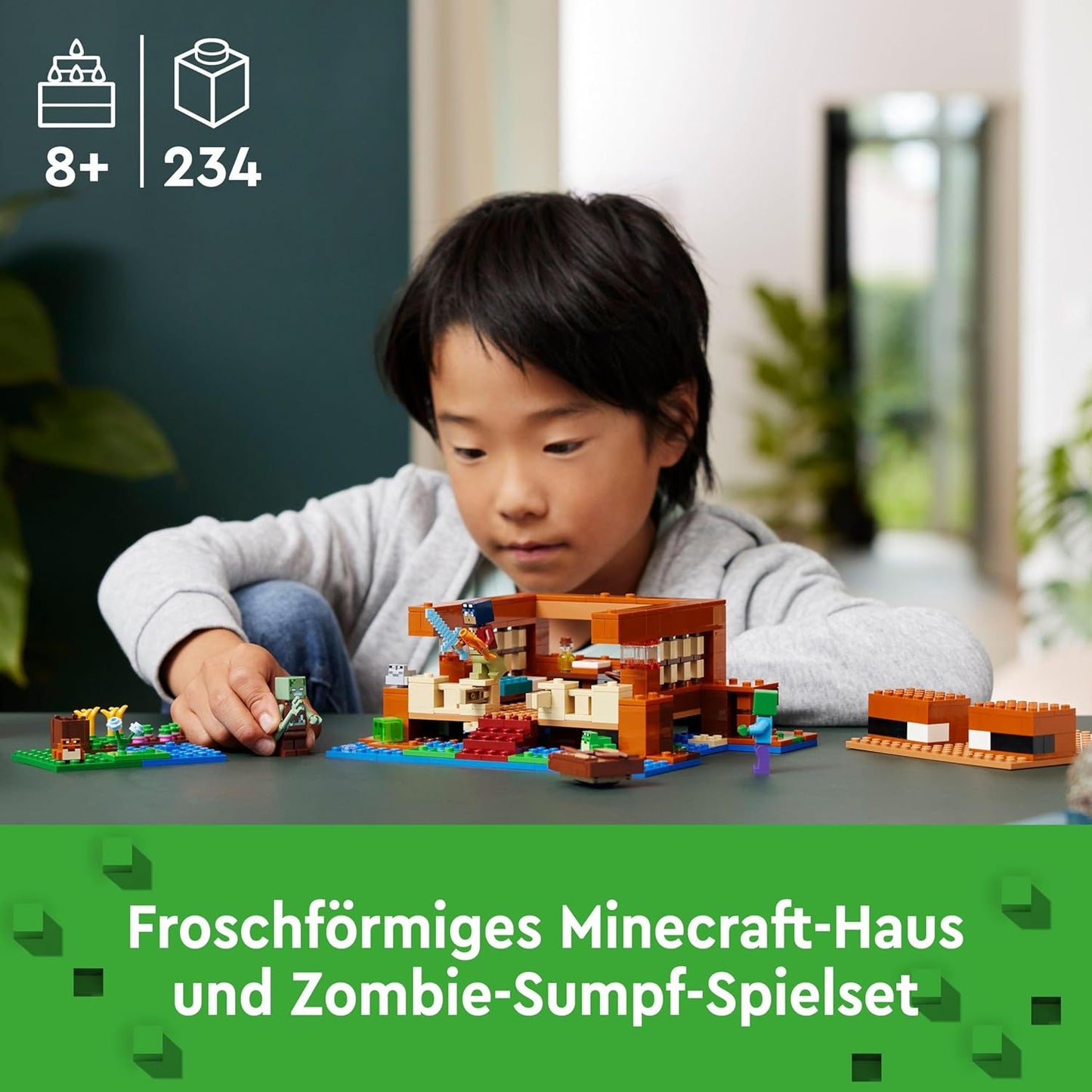 LEGO Minecraft The Frog House, Toy House with Figures Including Zombie, Slime and Drowner, Plus Accessories such as Toy Boat and Workbench, Gift for Boys and Girls from 8 Years 21256