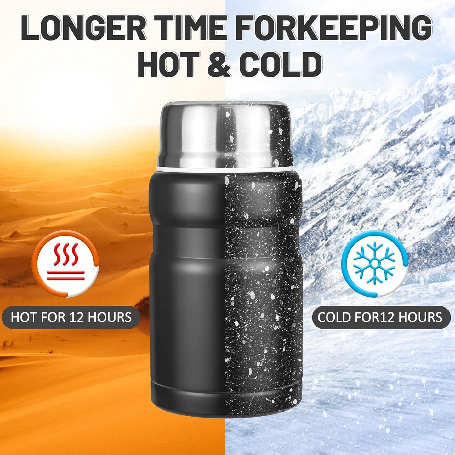 Food Bottle, 750ml Vacuum Insulated Food Thermos Flask, Stainless Steel, Double Walled, Vacuum Insulated, Leakproof Soup Bottle with Foldable Spoon and Bag, Black