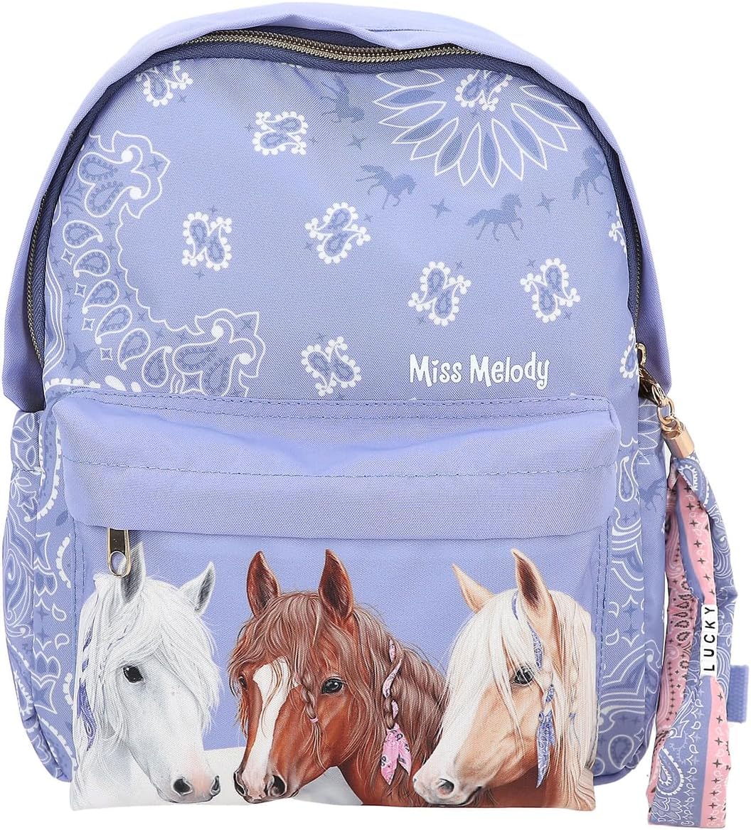 Depesche 12761 Miss Melody Bandana - Backpack in Smoke Blue with Horse Motif and Bandana Pattern, Bag with Adjustable Shoulder Straps